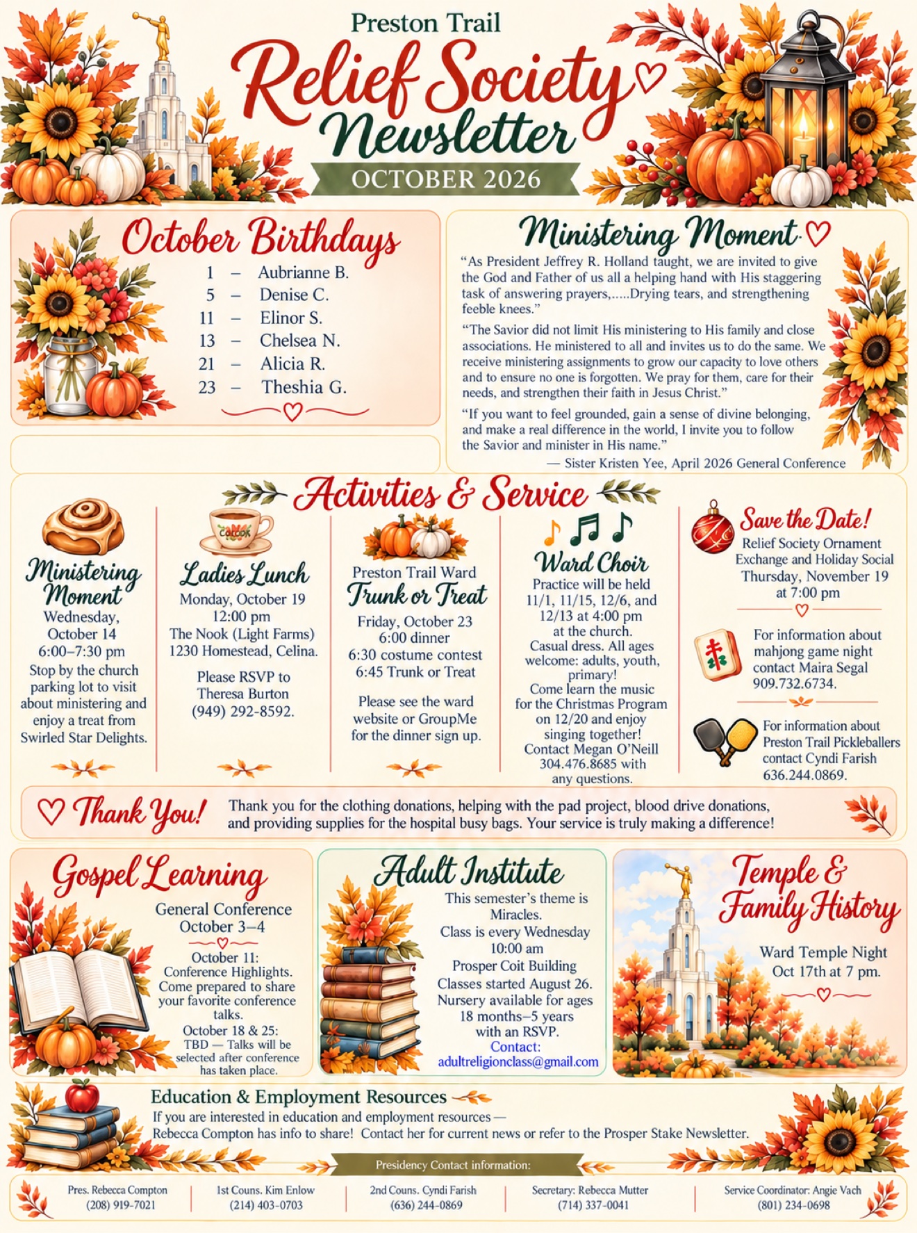 Preston Trail Relief Society October 2026 newsletter