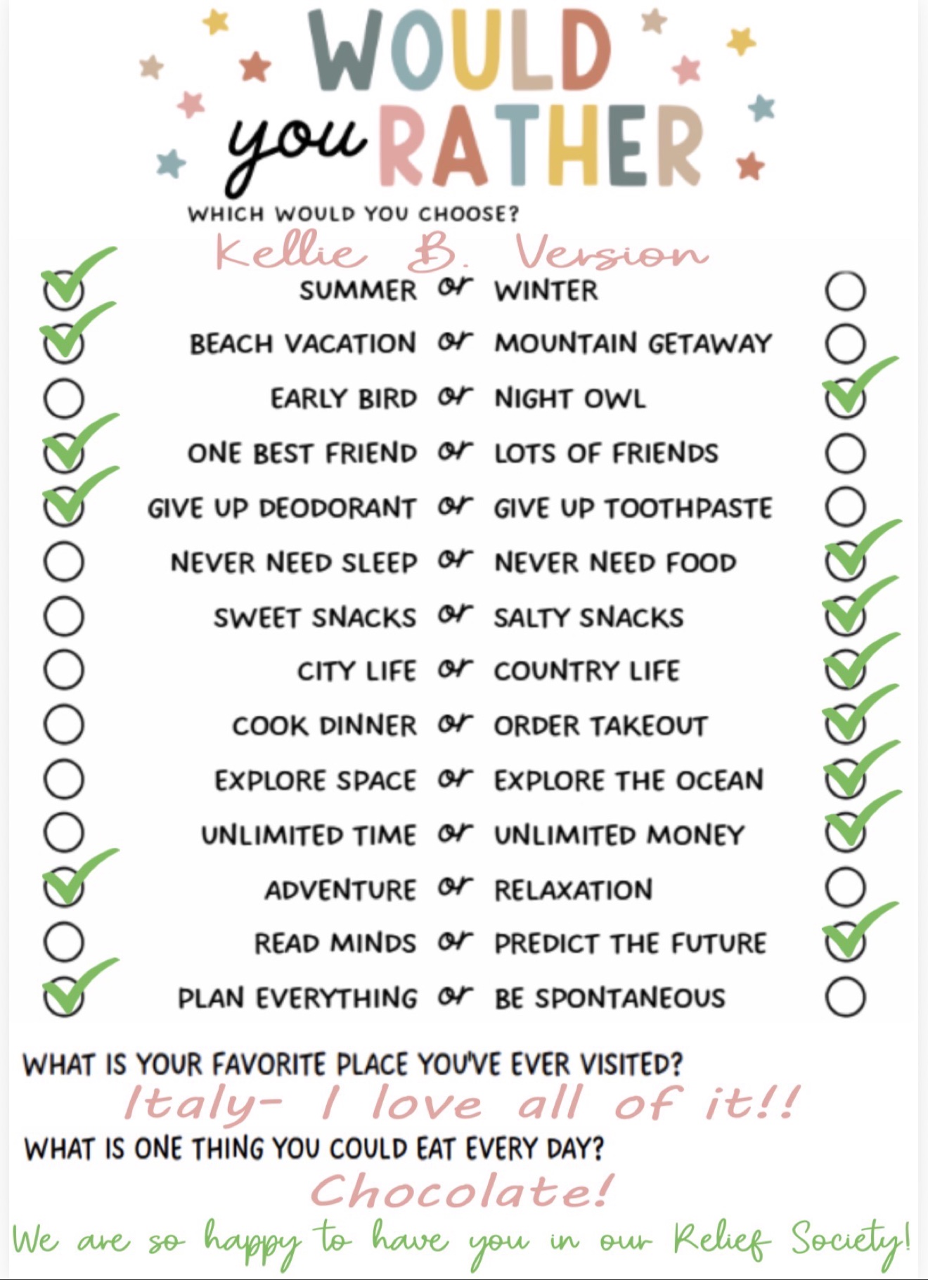 Would You Rather get-to-know-you game sheet from a Relief Society activity